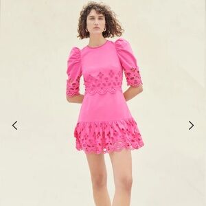 New Saylor Auroette Eyelet Puff Sleeve Cotton Poplin Dress in‎ Hot Pink Size XS